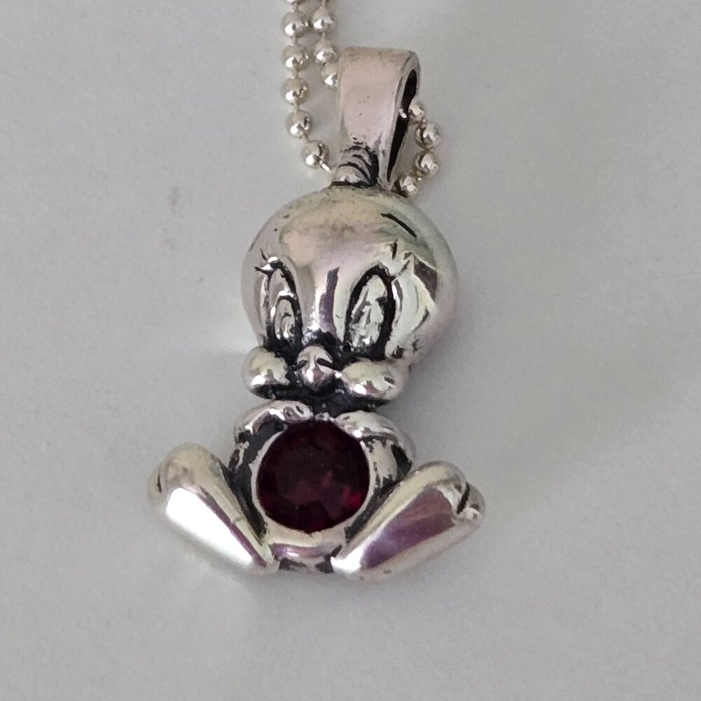 Vintage 926 Sterling Silver Tweety Bird Red Stone Pendant Necklace NWOT - Picture 2 of 5